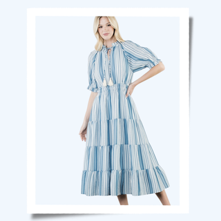 Puff Sleeve Striped Midi Dress