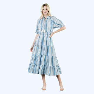 Puff Sleeve Striped Midi Dress
